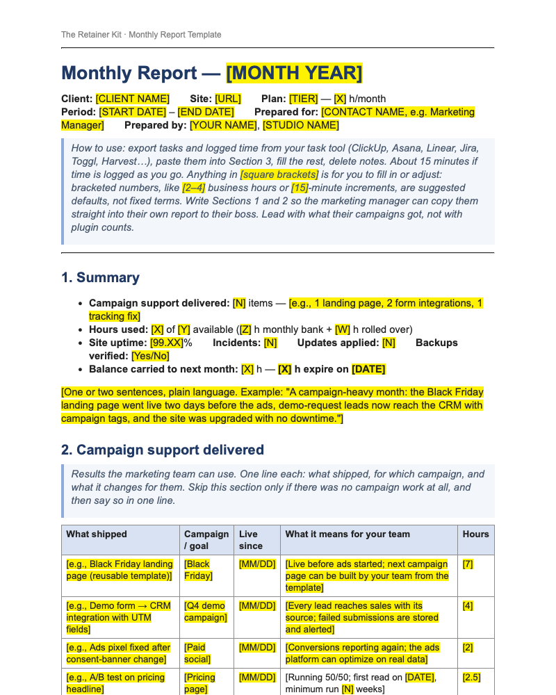 First page of the monthly report template (05): a summary with hours used, uptime and the hours that expire next, then a Campaign support delivered table with sample rows. Fill-in fields are highlighted in yellow.